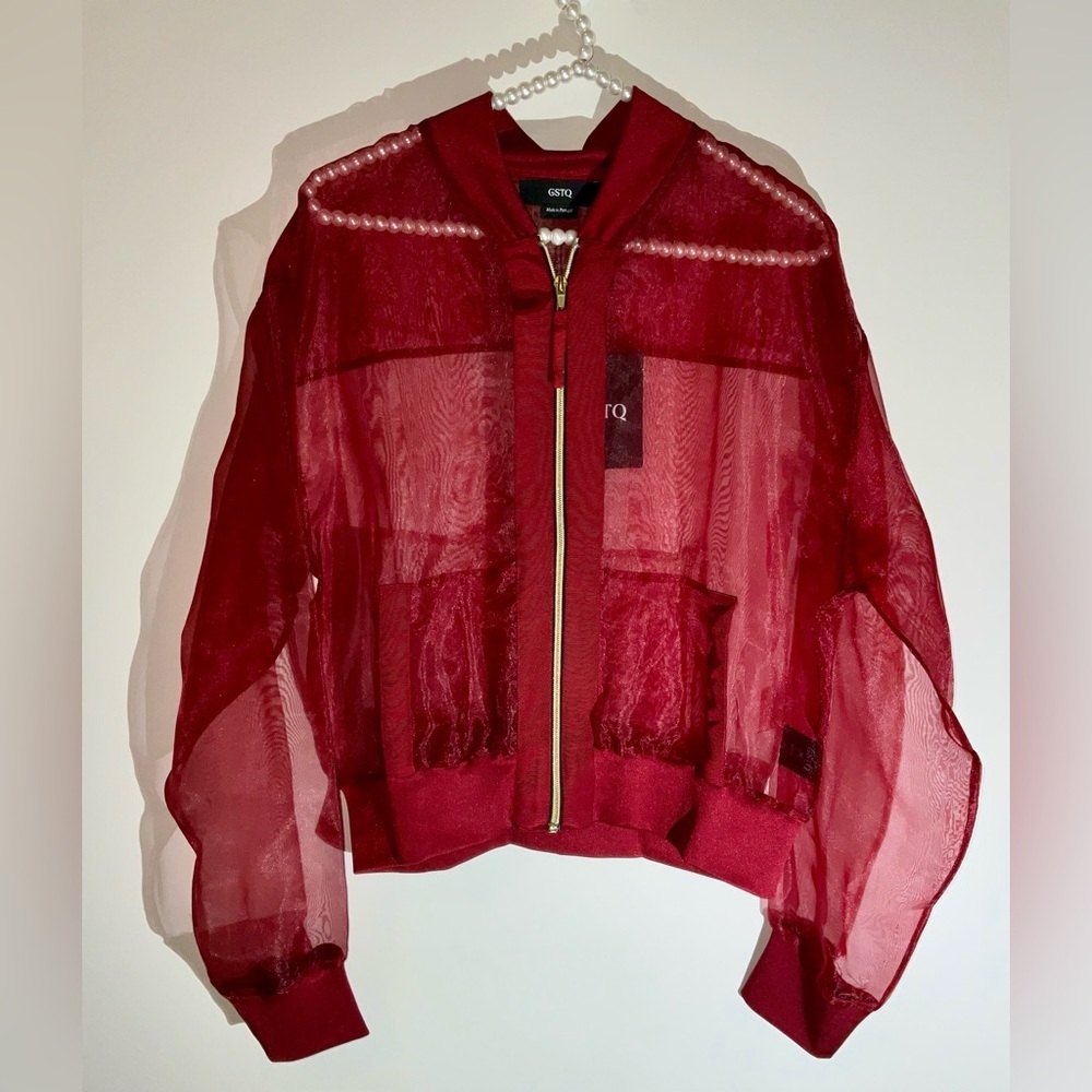 GSTQ (God Save The Queen) sheer bomber jacket in Port (red wine) / size large - Picture 7 of 13